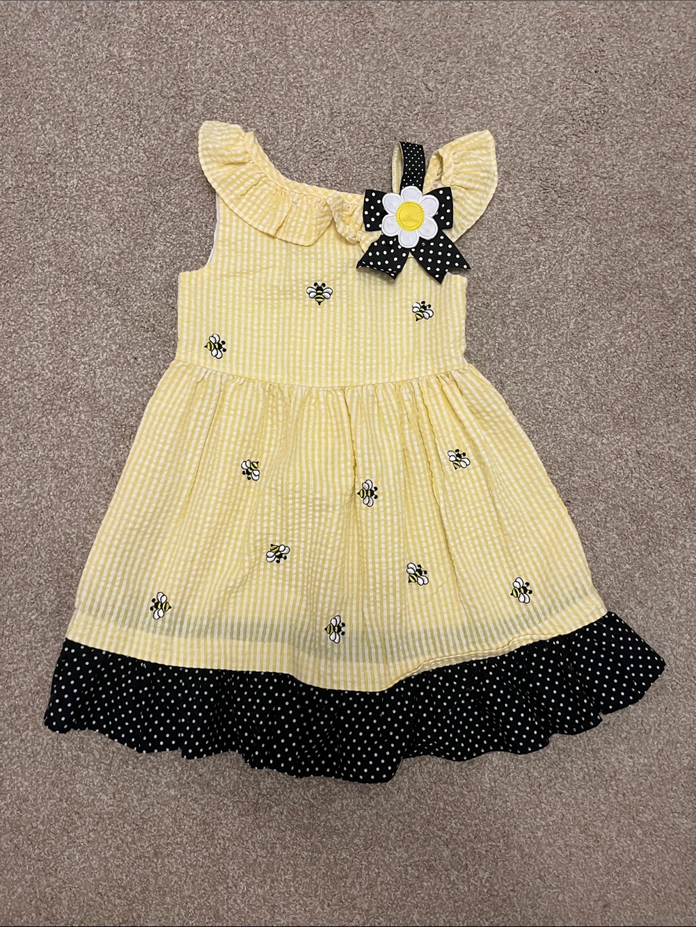 Yellow Bee-Embroidered Ruffle Neck Cotton Dress with Black Polka Dot Trim